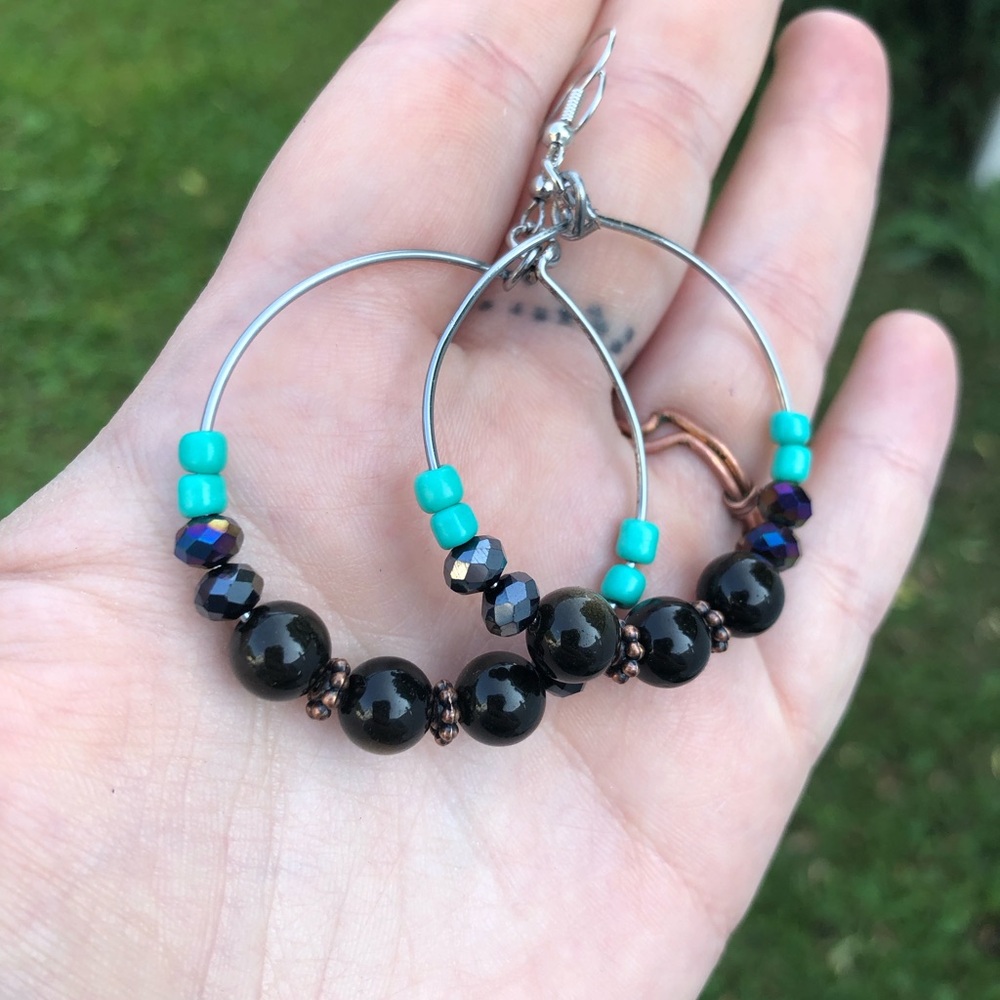 Wire Wrapped Gold Sheen Obsidian Gemstone Hoop Earrings - Picture 8 of 14